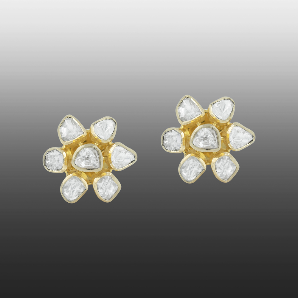 Six-Petal Polki Floral Studs in Open Setting